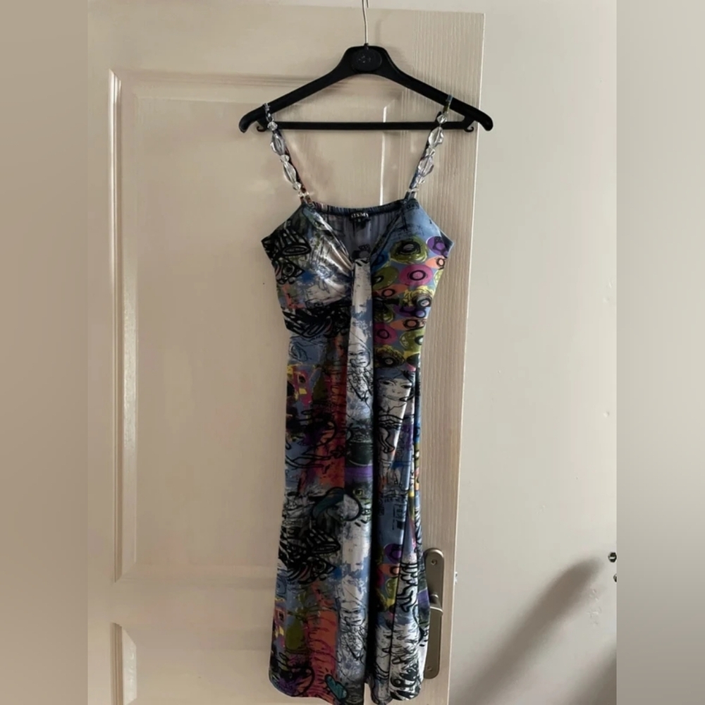 Multi-Color Patterned Mini Dress with Chain Straps